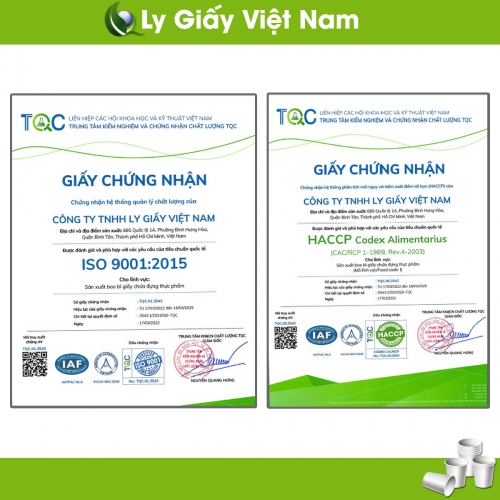 Chứng nhận tiêu chuẩn quốc tế của Công Ty TNHH Ly Giấy Việt Nam